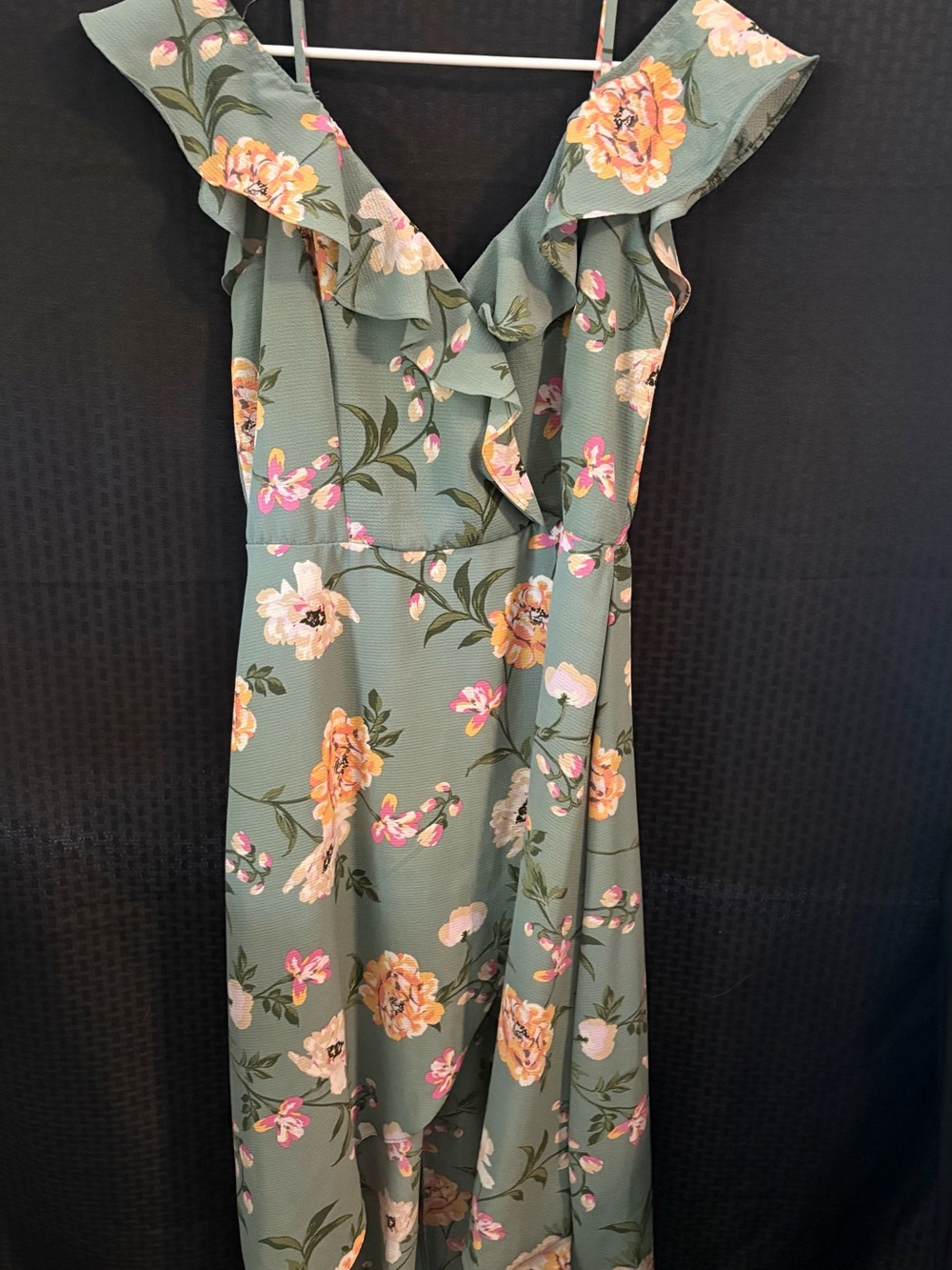 Floral Ruffle V-Neck Maxi Dress - Green